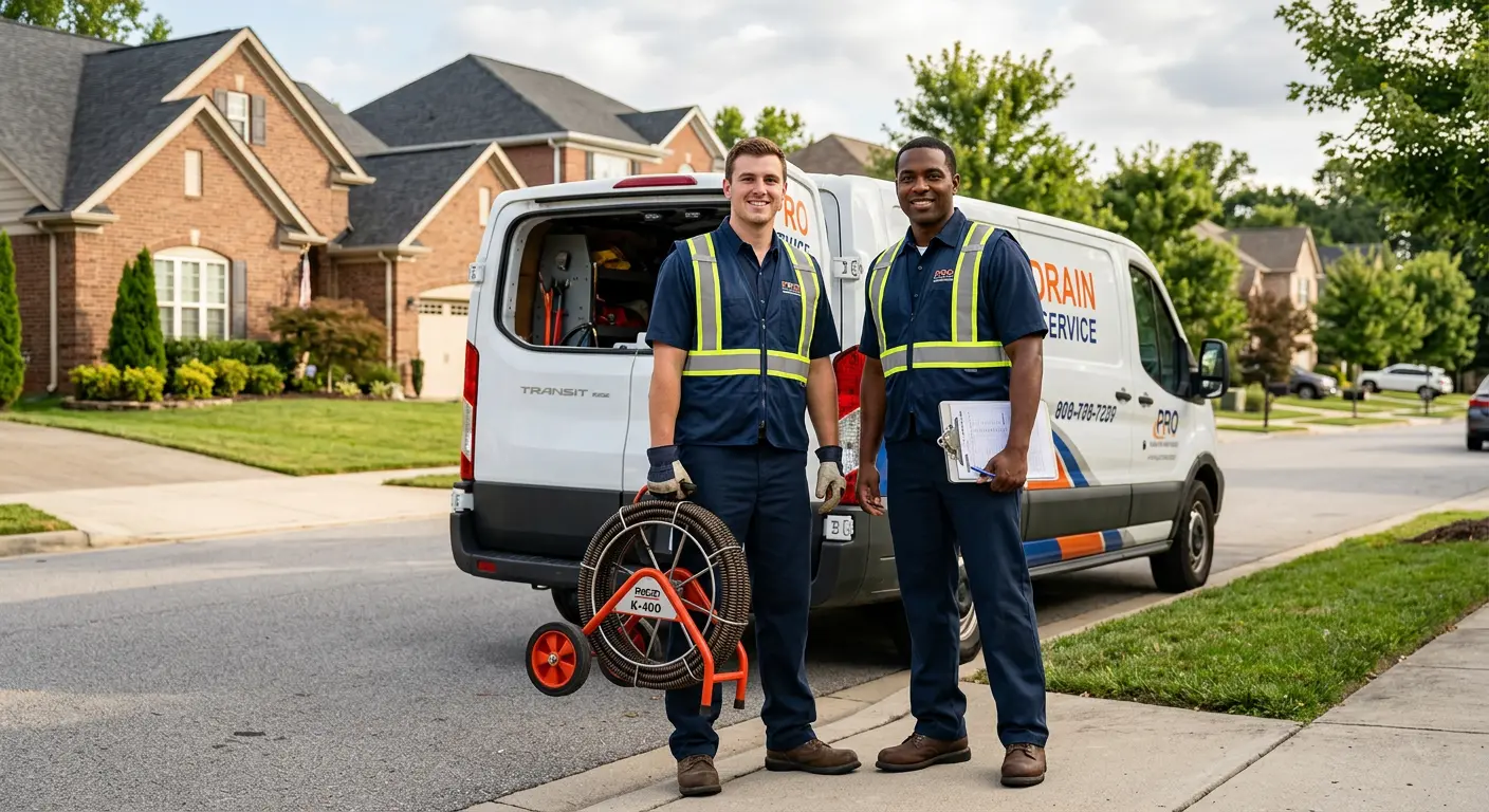 Sewer and drain service team with equipment ready for work in Lakeland Village