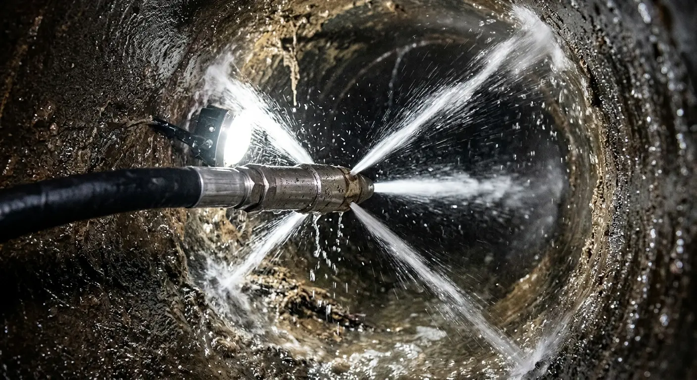 High-pressure hydro jetting nozzle cleaning sewer pipe for Storm Drain Cleaning in Lakeland Village