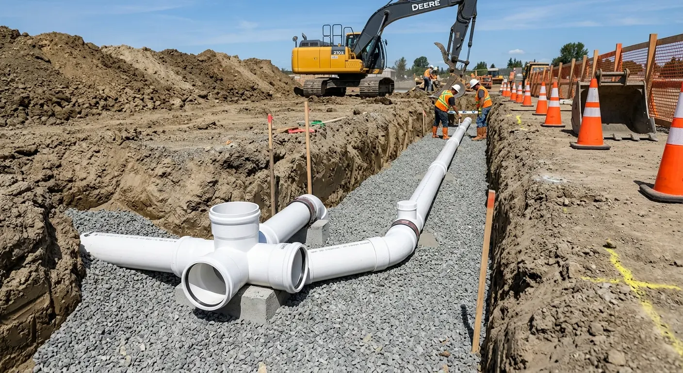 New PVC sewer pipe installation in open trench for Sewer Backup in Lakeland Village