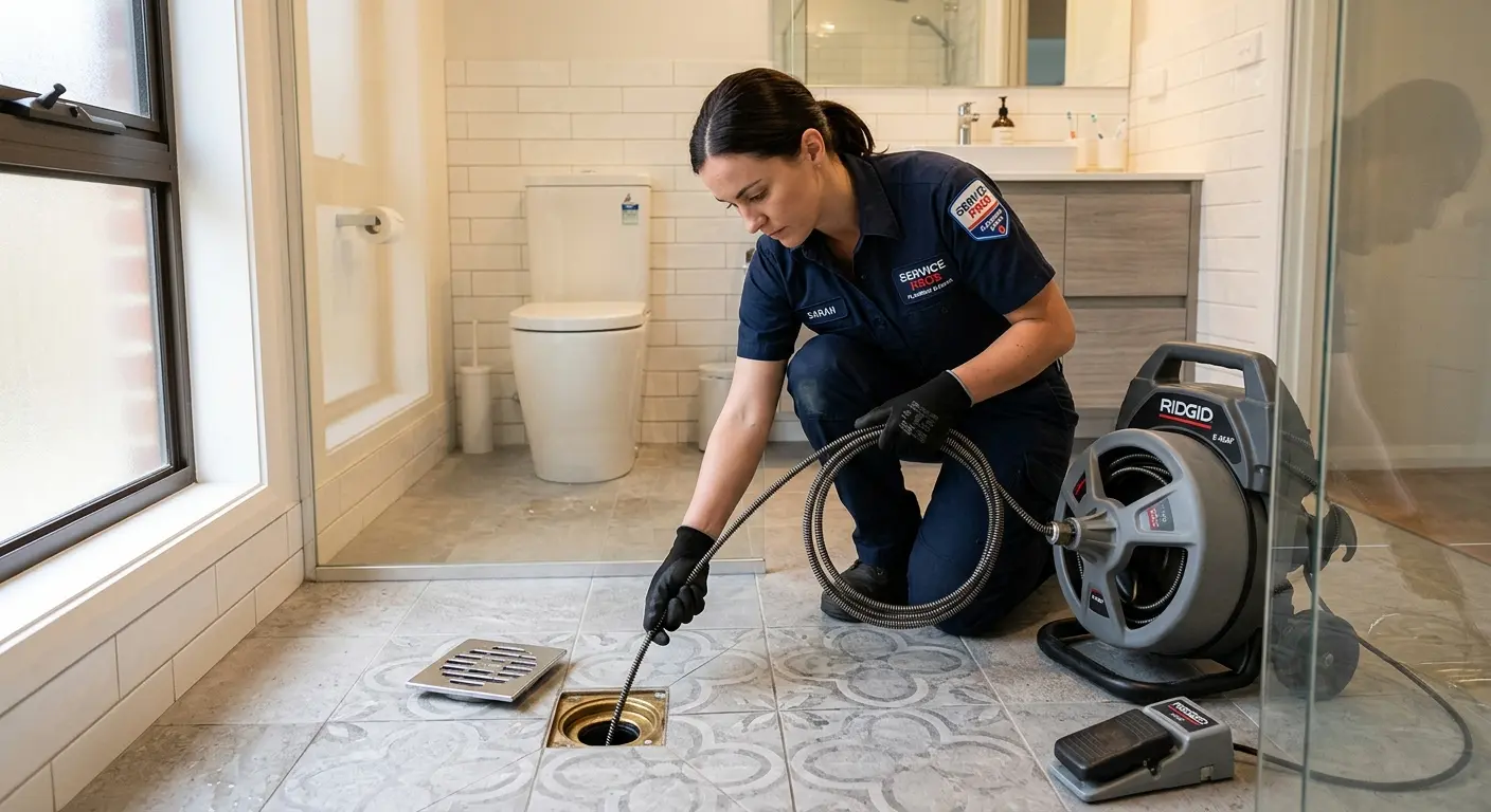 Technician clearing a bathroom floor drain for Hydro Jetting in Lakeland Village